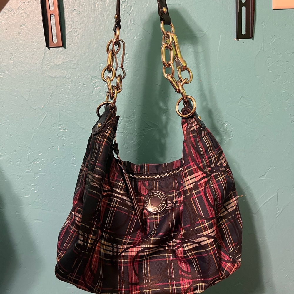 Coach Plaid Shoulder Bag with silver Chain Accents